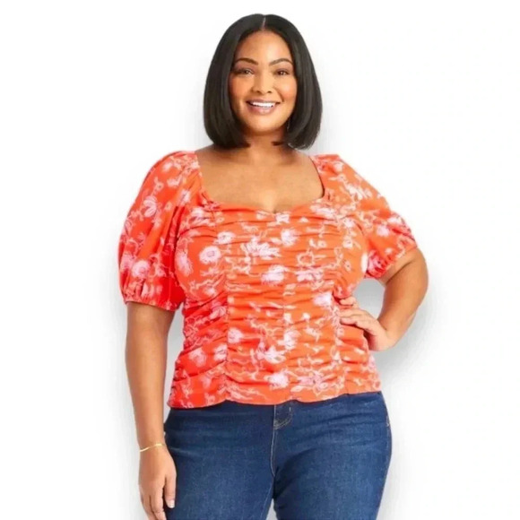 Ava & Viv™ Women's Plus Puff Sleeve Sweetheart Blouse, Orange, size 4X - Picture 1 of 7